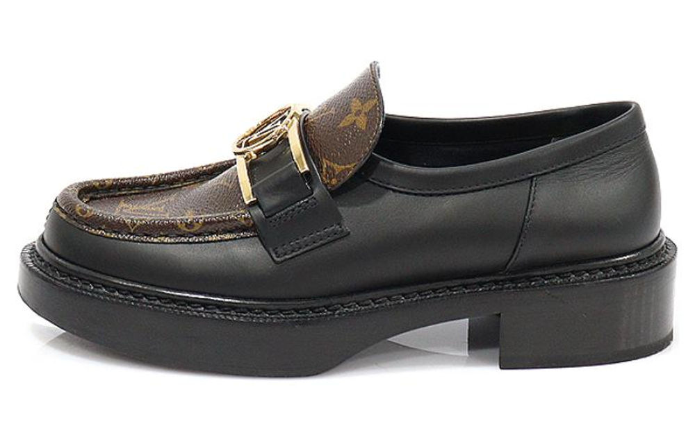 LOUIS VUITTON Academy Loafers "Black With Brown Monogram And Gold Plate" Women"s