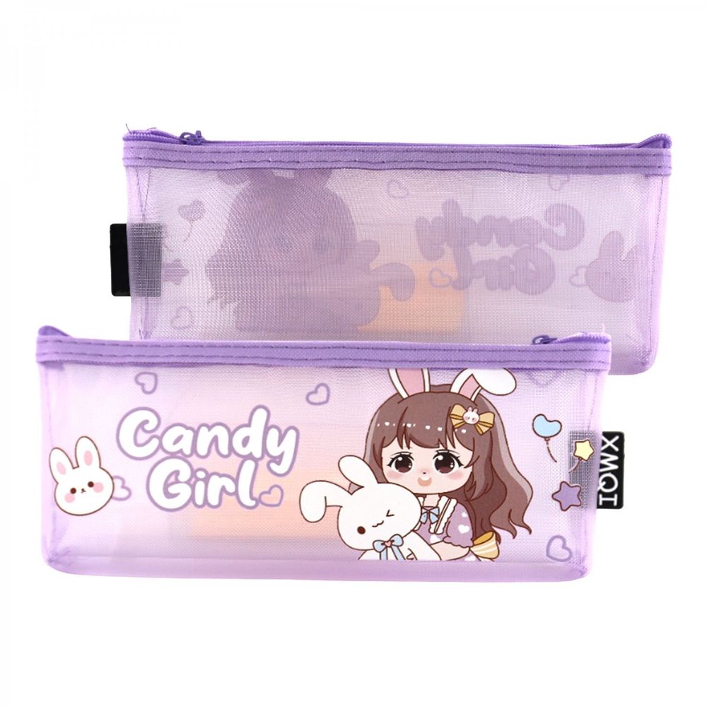 Пенал - косметичка, Alingar, ПВХ-сеточка, молния, 90 х 215 мм, "Candy Girl", фиолетовый (девочка с зайчиком)