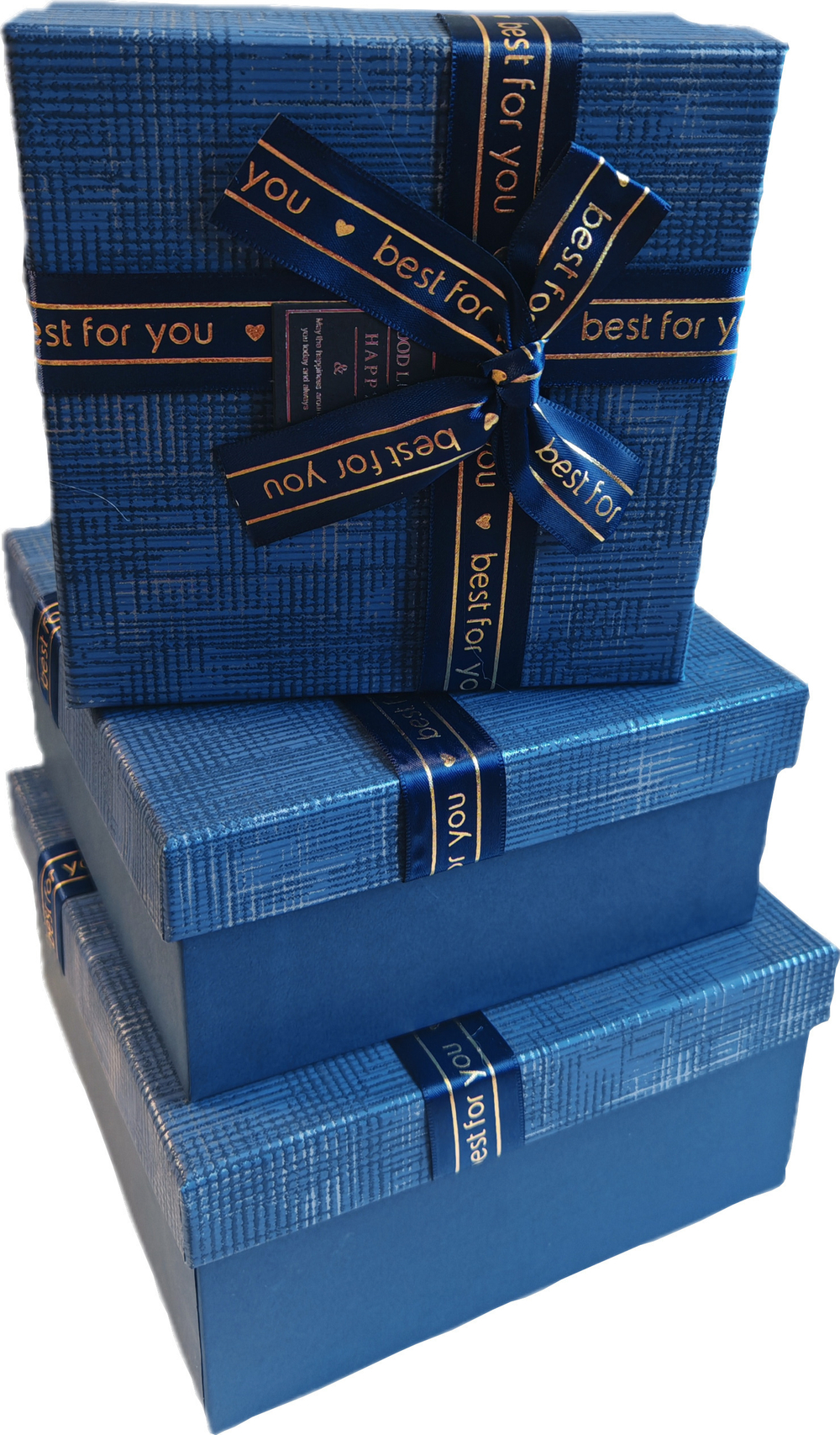 Набор подарочных коробок 3в1 с бантом, синий/золото 15*15*6.5, 17*17*8, 19*19*9.5см