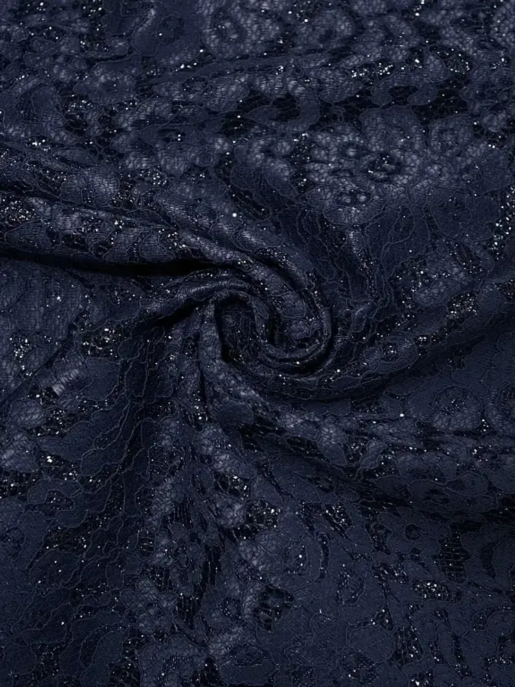 Ткань кружево на трикотажной основе люрекс, 230 гр/м2, 150 см, т.синий, под заказ