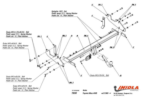 Фаркоп IMIOLA T.030 Toyota Hilux 2005-2015(паспорт и сертификат в комплекте)(без электрики)