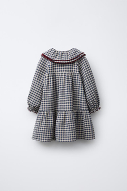 ZARA ПЛАТЬЕ В КЛЕТКУ С ВОЛНИСТОЙ ОТОРОЧКОЙ, СИНИЙ