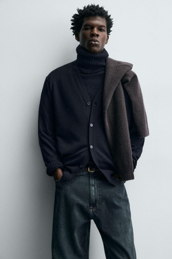 ZARA ЛЕГКИЙ ШЕРСТЯНОЙ КАРДИГАН, МОРСКОЙ ТЕМНО-СИНИЙ