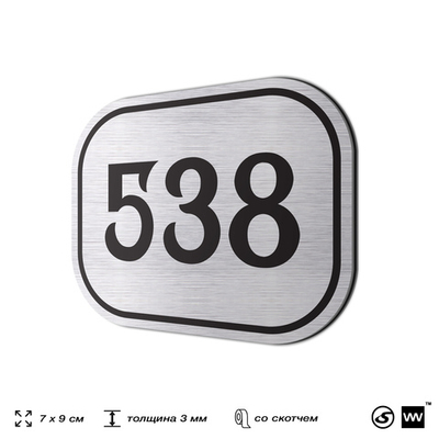 Номерок на дверь квартиры 538, для кабинета, офиса, шильдик 9 х 7 см, серебристый, Айдентика Технолоджи