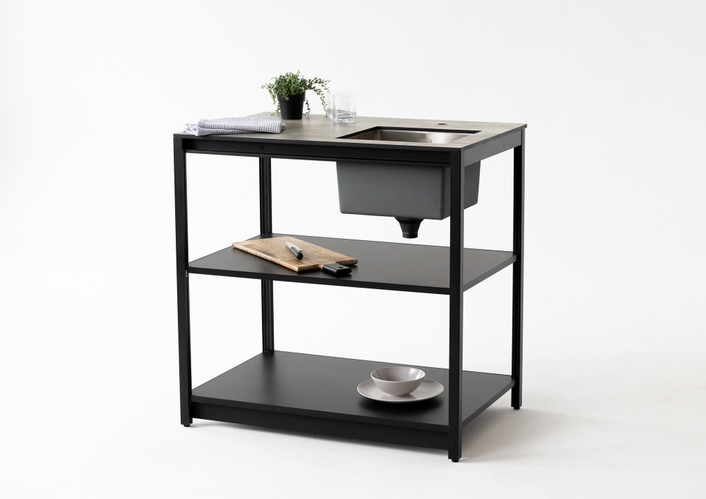 Cтол разделочный с мойкой Lounge B-02S-R, 90 см, черный/серый каспий