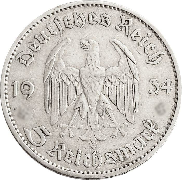 5 рейхсмарок 1934 Германия (Третий Рейх) "J" «Годовщина нацистского режима — Гарнизонная церковь в Постдаме»