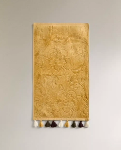 ZARA HOME ЖАККАРДОВОЕ ПОЛОТЕНЦЕ С КИСТОЧКАМИ, ГОРЧИЧНЫЙ