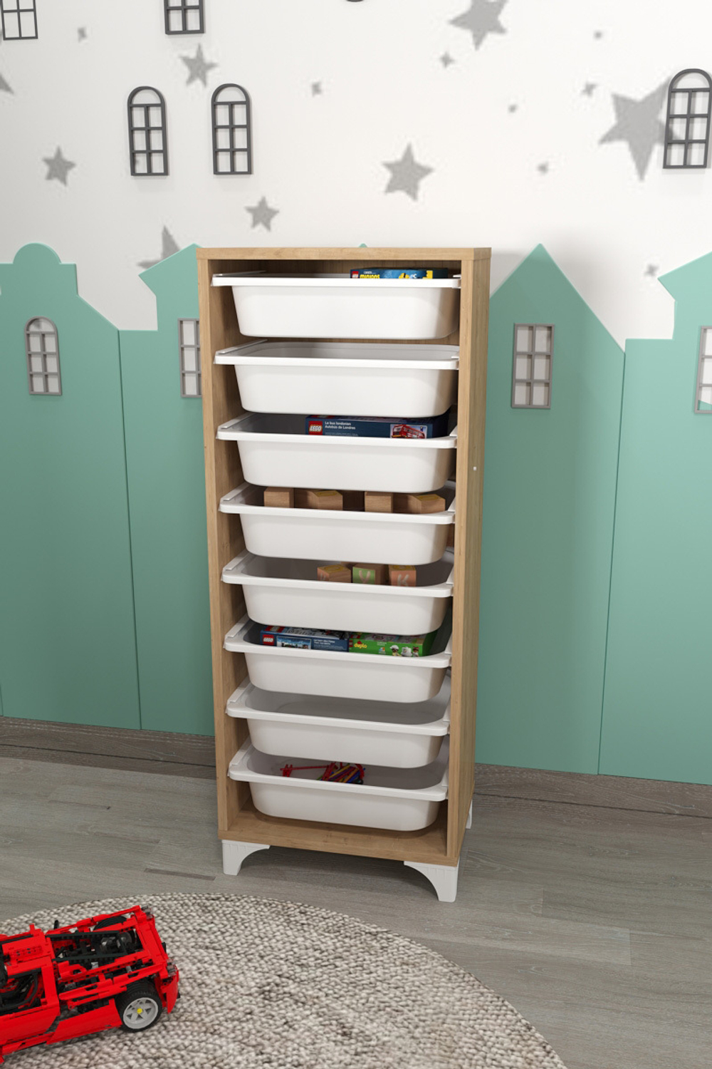 Стеллаж DORA с 8 выдвижными ящиками - дуб