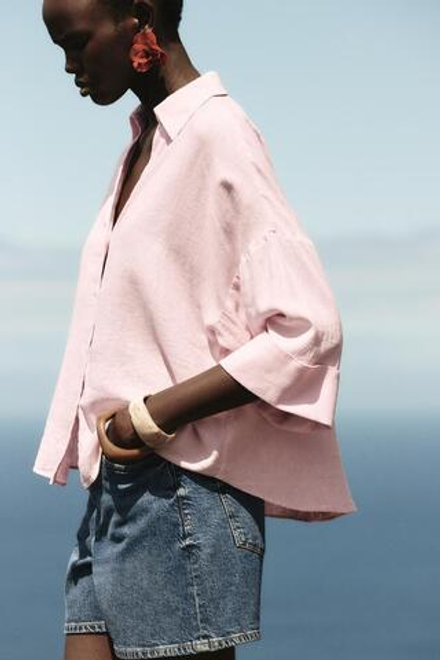 ZARA РУБАШКА ИЗ СМЕСОВОГО ЛЬНА С ШИРОКИМИ РУКАВАМИ, РОЗОВЫЙ