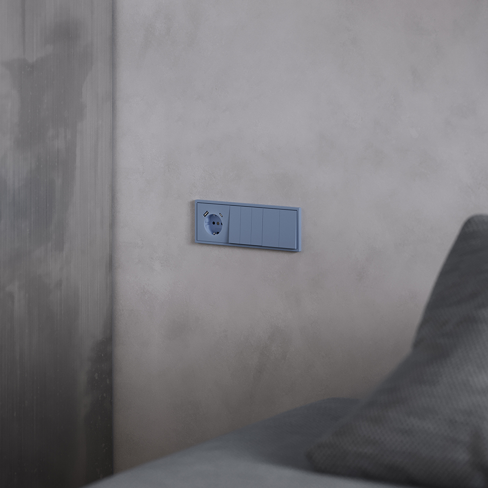 Накладка для розетки с заземлением и защитными шторками, с USB A+C, S70 (деним)