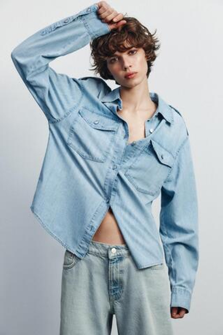 ZARA ДЖИНСОВАЯ РУБАШКА TRF С ХЛЯСТИКАМИ, НЕБЕСНО-ГОЛУБОЙ