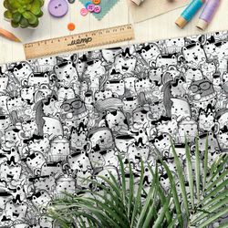 Ткань саржа чёрно-белые котики в виде посуды