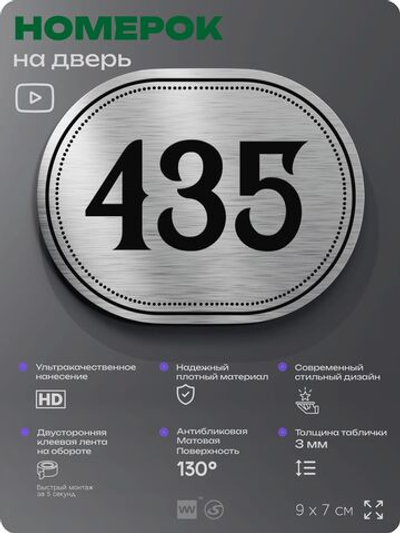 Номерок на дверь квартиры 435, для кабинета, офиса, шильдик 9 х 7 см, брашированная сталь, Айдентика Технолоджи