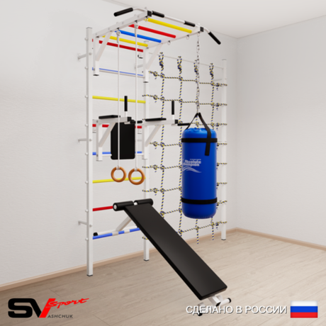 Шведская стенка Sv Sport усиленная 65130 (Турник рукоход/Брусья/Скамья/Кольца/Цепь/Мешок 30кг/Канатный лаз)