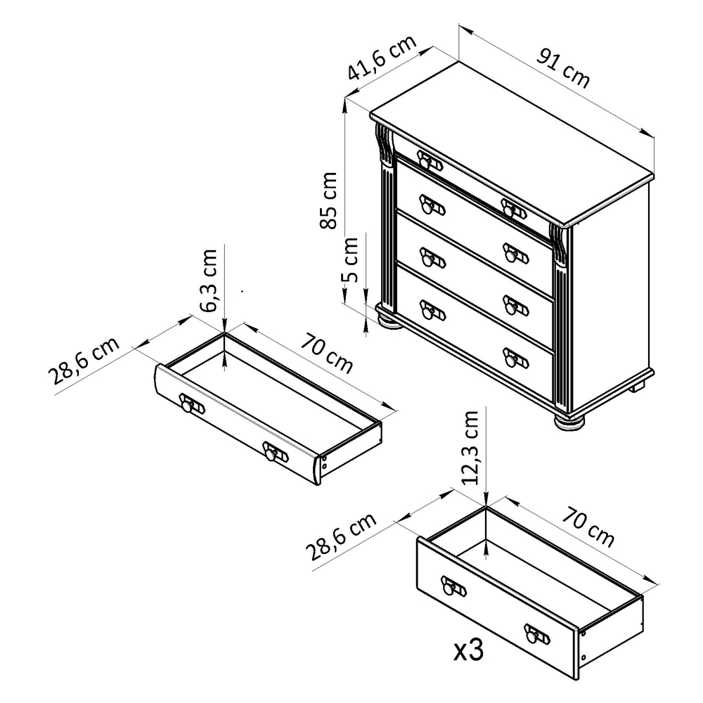 Комод 91х42х85, Susanna, с ящиками для одежды, в прихожую, спальню, гостиную, деревянный, массив сосны, серый, Dipriz