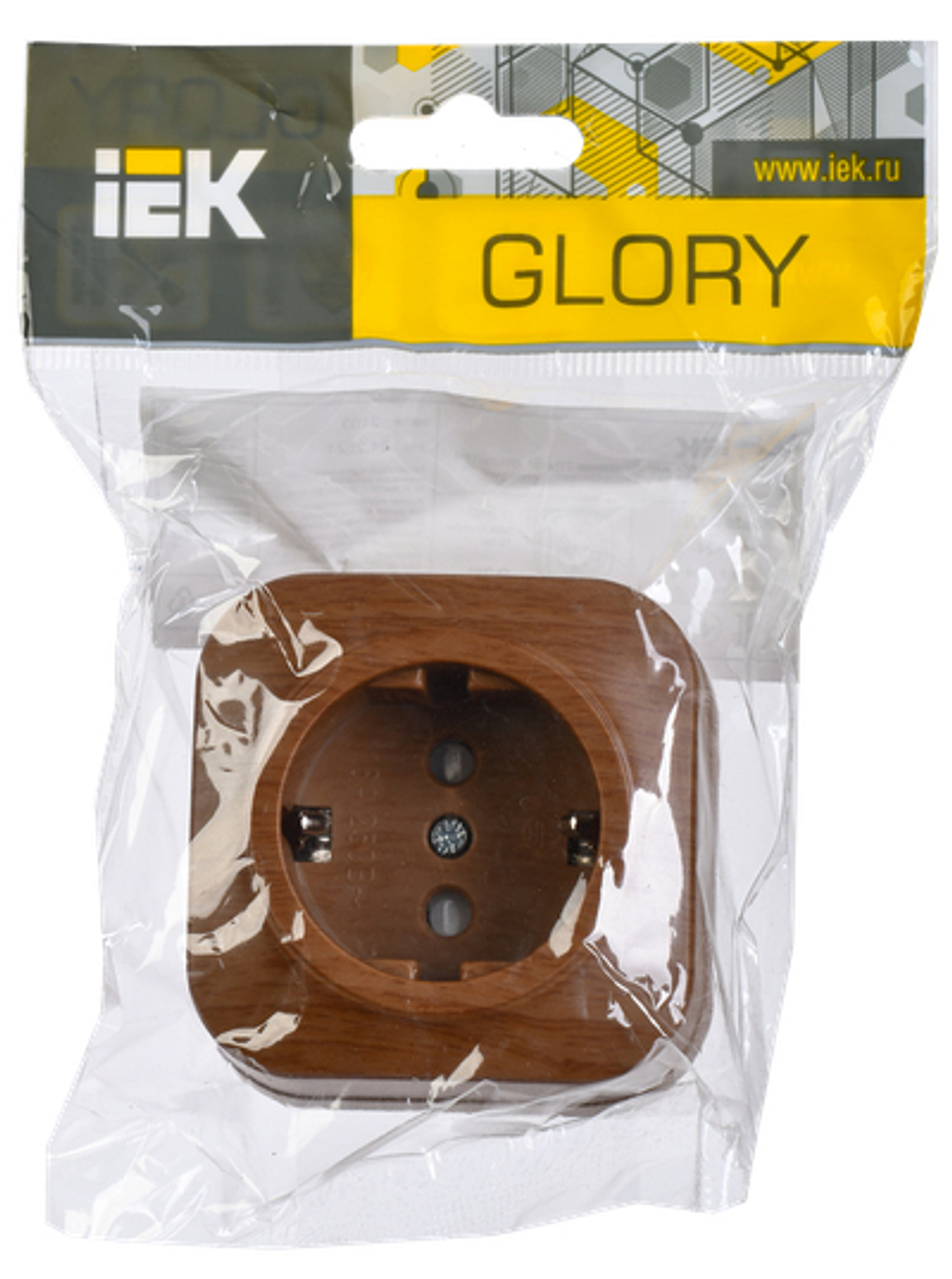 GLORY Розетка 1-местная для открытой установки с заземлением с защитными шторками 16А РСш20-3-ХД дуб IEK