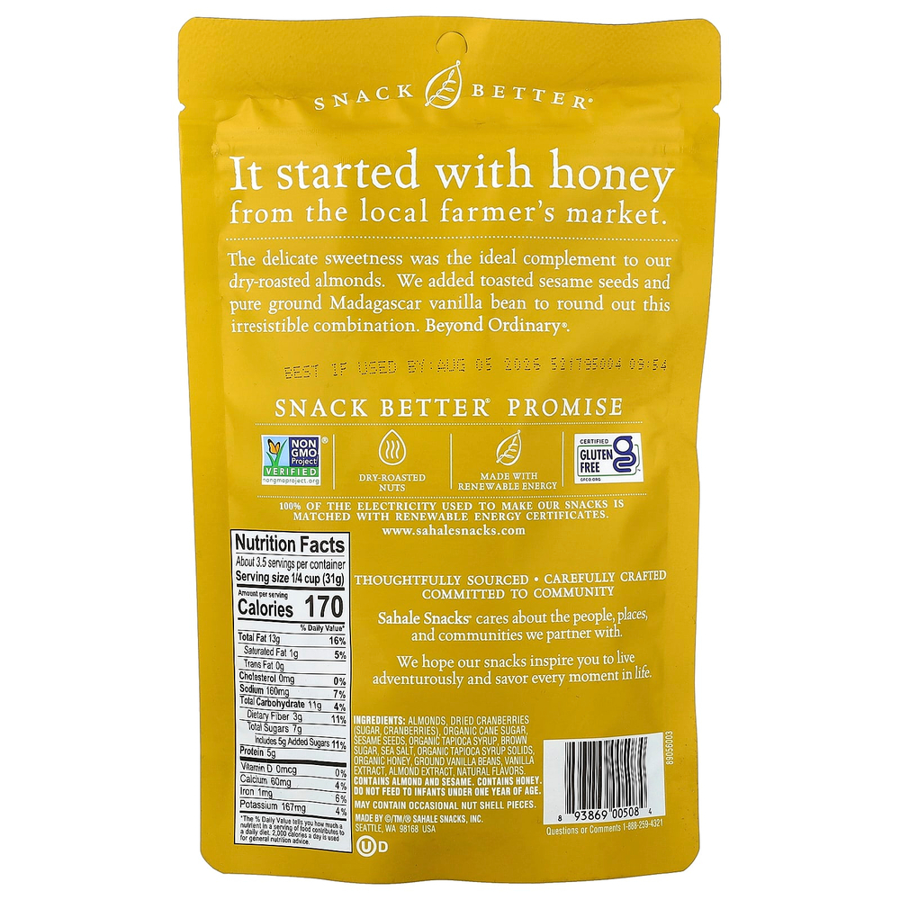 Sahale Snacks, Глазированная смесь, миндаль в меде, 113 г (4 унции)