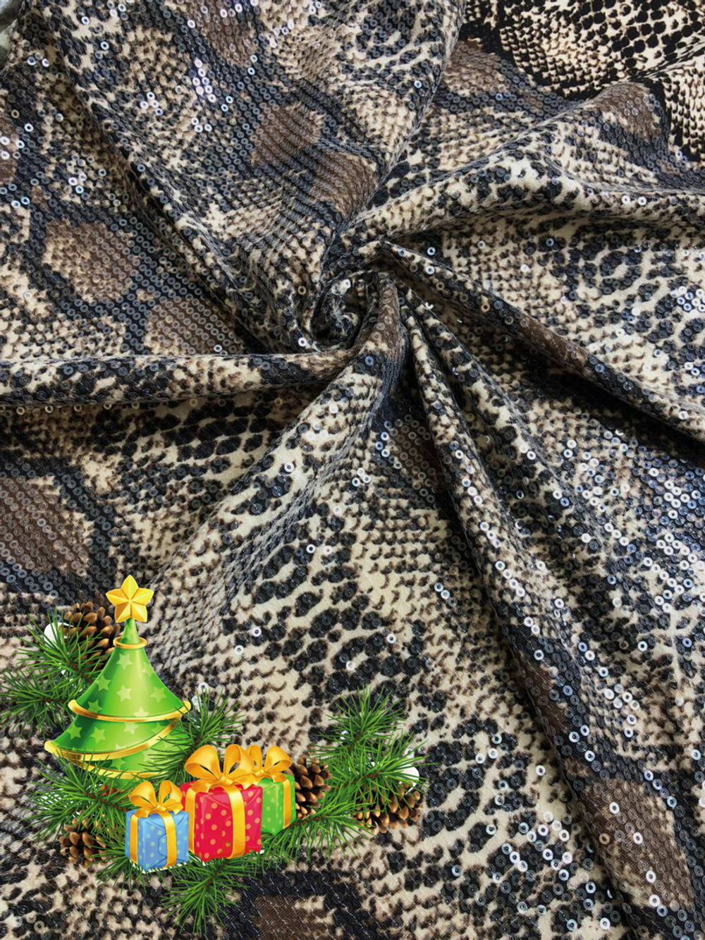 Трикотаж пайетки, принт змея беж/коричневый