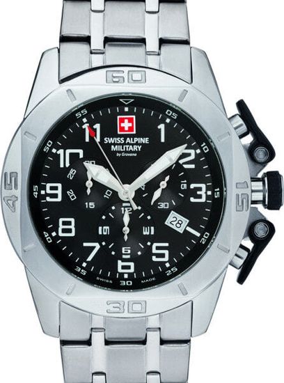 С браслетом Мужские наручные часы с серебряным браслетом Swiss Alpine Military 7063.9137 chrono 45mm 10ATM