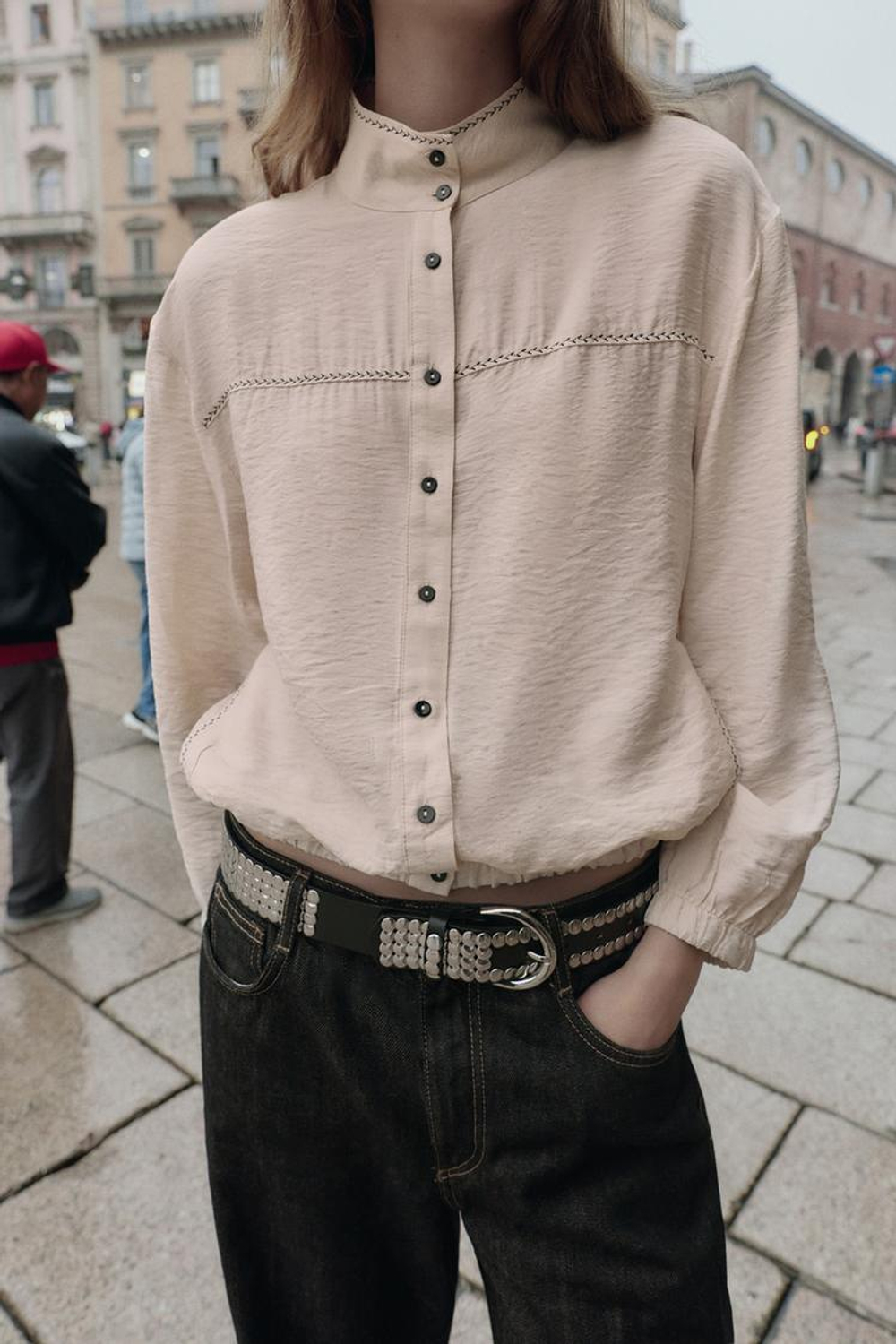 ZARA ТОП-БАЛЛОН С КОНТРАСТНОЙ ОТДЕЛКОЙ, ЭКРЮ