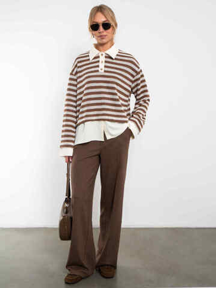 Свитшот-поло с имитацией рубашки (Коричневый/молочный)