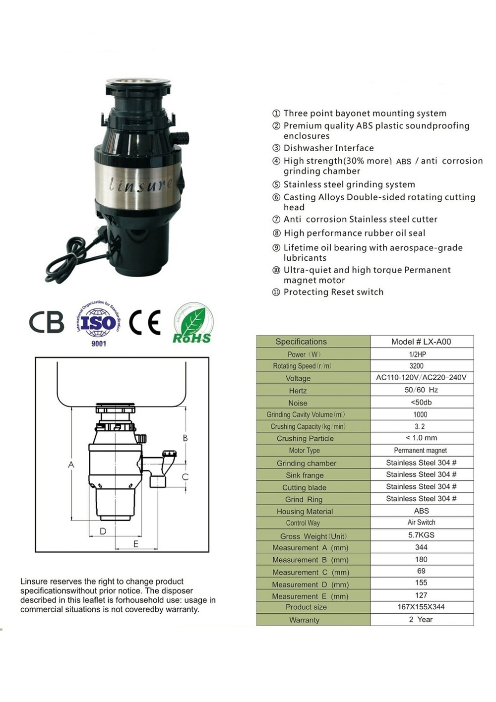 ИЗМЕЛЬЧИТЕЛЬ ПИЩЕВЫХ ОТХОДОВ LINSURE LX-A00 (3/4HP-550W,3600RPM) 1000ML,4.5KG/MIN,5KG,BLACK