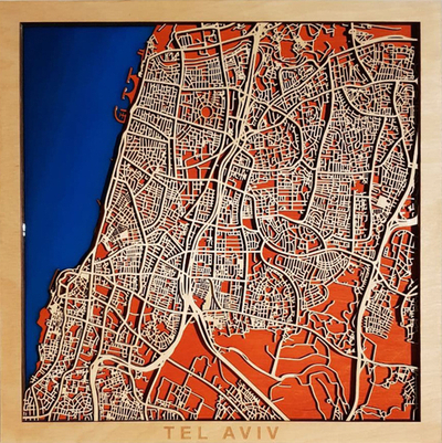 Карта города из дерева 45 х 45 см Тель-Авив Red