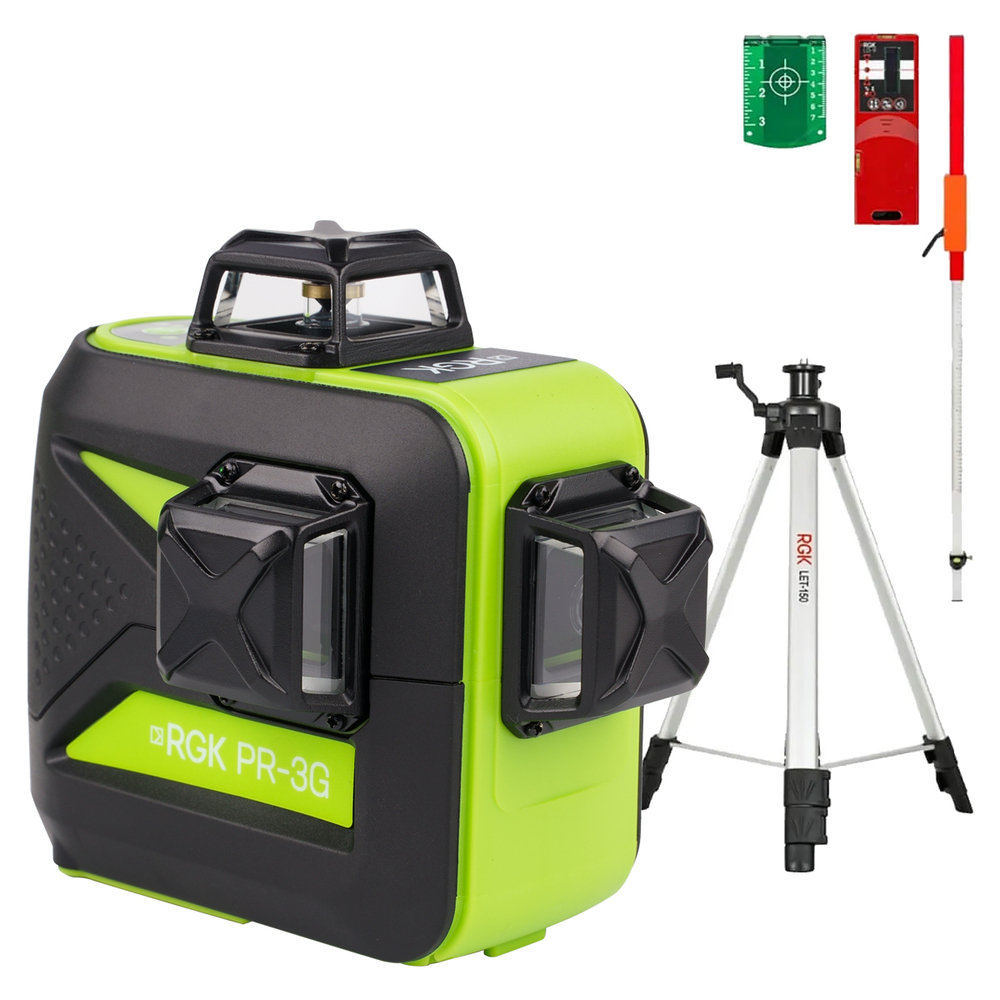 Комплект: лазерный уровень RGK PR-3G + штатив RGK LET-150, приемник RGK LD-9, рейка RGK LR-2, мишень RGK TP-6