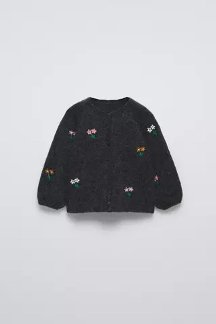 ZARA КАРДИГАН С ВЫШИТЫМИ ЦВЕТАМИ, ТЕМНО-СЕРЫЙ