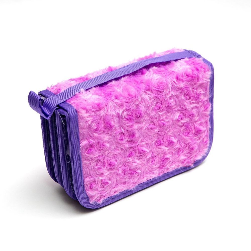 Пенал 3 отделения Alingar, искусственный мех, молния, 120 х 190 мм, "Fur roses", микс (розовый, голубой, фиолетовый, св-розовый)