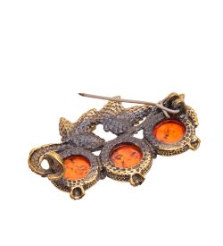 AM-2355 Брошь «Лист Смородины» (латунь, янтарь)
