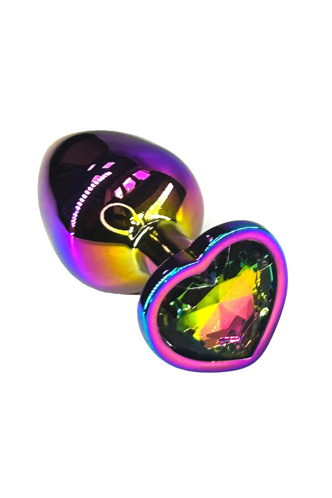 Анальная пробка из алюминия с кристаллом в форме сердца цвета неохром (Medium)