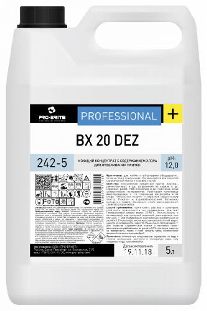 PRO-BRITE BX 20 DEZ, моющий концентрат с содержанием хлора для отбеливания плитки, 5 л