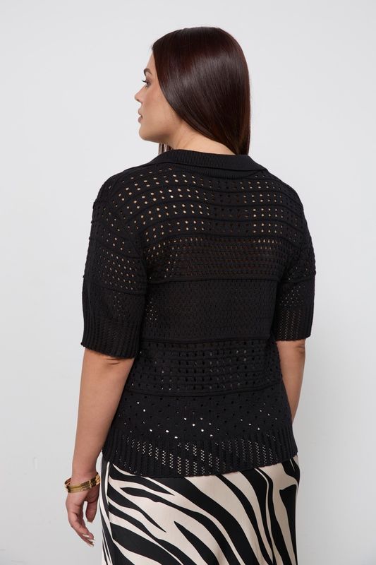 Поло вязаное ажурное с коротким рукавом, черный