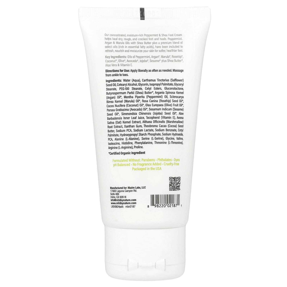 Mild By Nature, крем для ног с перечной мятой, маслом ши, маслами арганы и марулы, 71 г (2,5 унции)