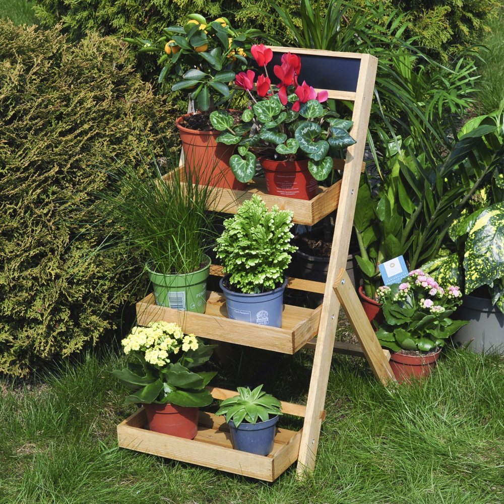 Подставка для цветов и декора напольная 3 полки из массива сосны Флорэль, деревянная этажерка для цветов на подоконник в стиле рустик, бежевая