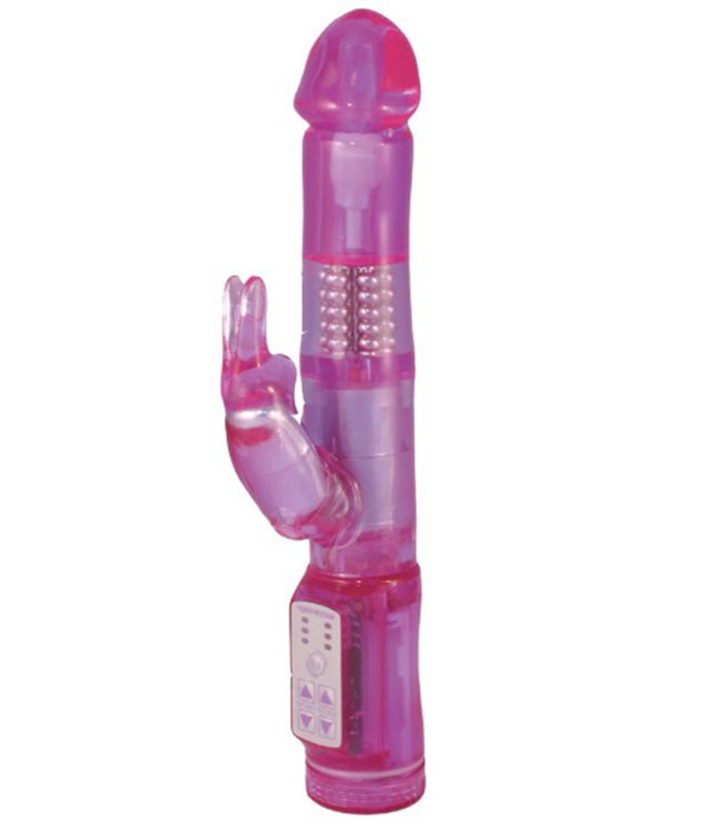 Розовый вибромассажёр с вращающимися шариками и клиторальным зайчиком GOOD VIBES SLIM PURPLE VIBE - 26 см. (Цвет: фиолетовый)