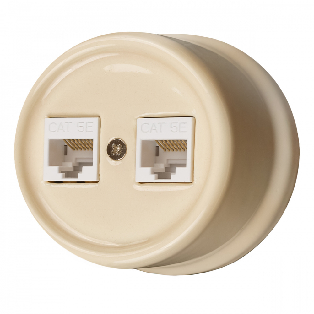 Розетка RJ45 информационная двойная, керамика, цвет Песочное золото B1-302-04