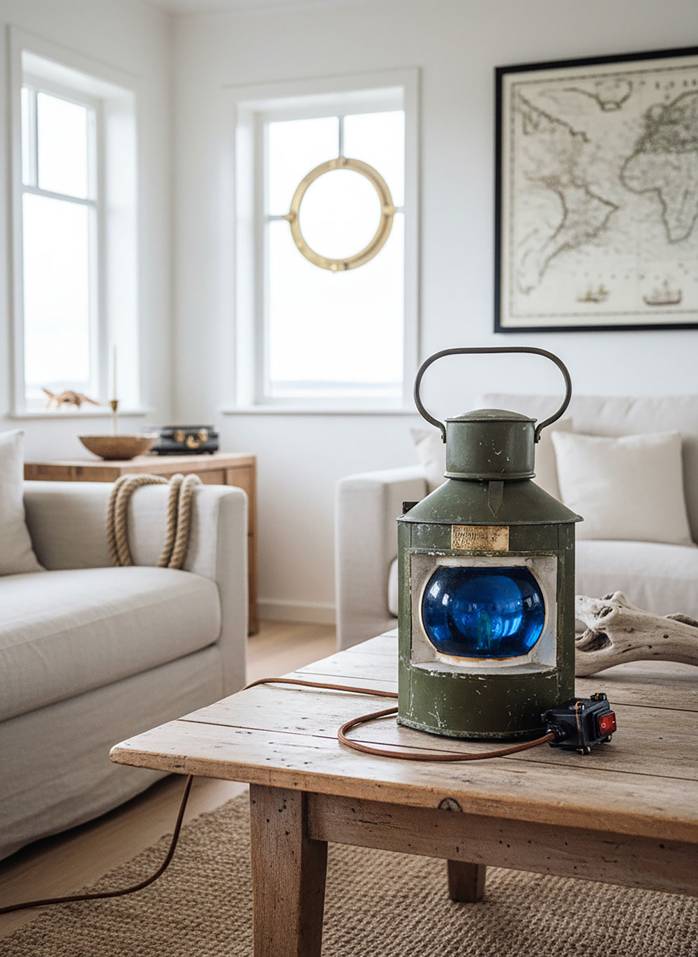 Интерьерный морской светильник WOODandROOT из судового фонаря 1957 года на деревянном столе в спокойной светлой гостиной.