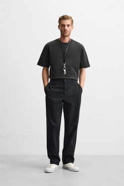 ZARA ФУТБОЛКА HEAVY WEIGHT ИЗ ТКАНИ С ЭФФЕКТОМ ПОТЕРТОСТИ, ТЕМНЫЙ АНТРАЦИТ