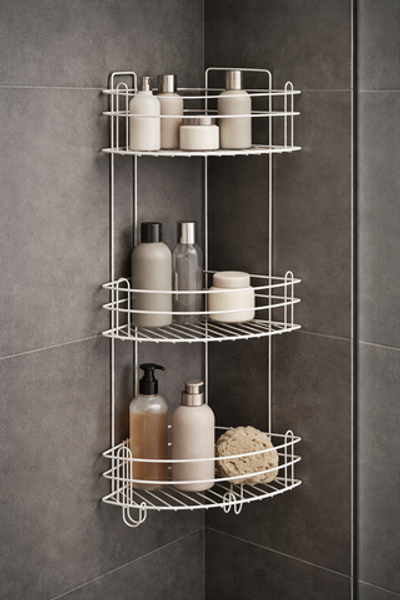 Полка для душа DIWO Суздаль P.Su.3/3.Tp.w угловая, подвесная, термопластичная, белая, с крючками, на присосках