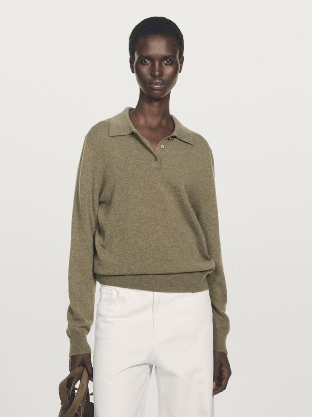 Massimo Dutti Трикотажный свитер поло из 100% кашемира, зеленый