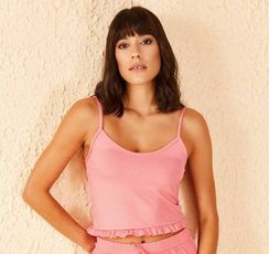 Qadın üçün fırfırlı çəhrayı pijama köynəyi 10061017