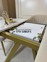 Круглый раздвижной стол "Бонжур", керамогранит, белый мрамор и стулья "Версаль"