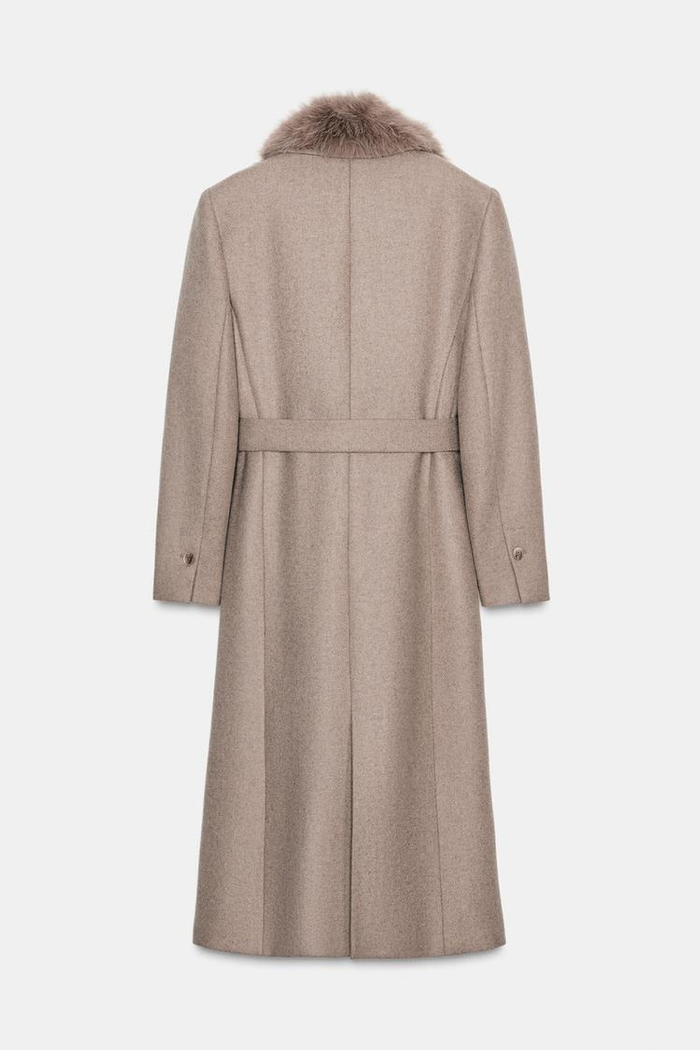 ZARA ПАЛЬТО ИЗ ШЕРСТИ С ЛАЦКАНАМИ ИЗ ИСКУССТВЕННОГО МЕХА И ПОЯСОМ, СВЕТЛЫЙ СЕРО-КОРИЧНЕВЫЙ