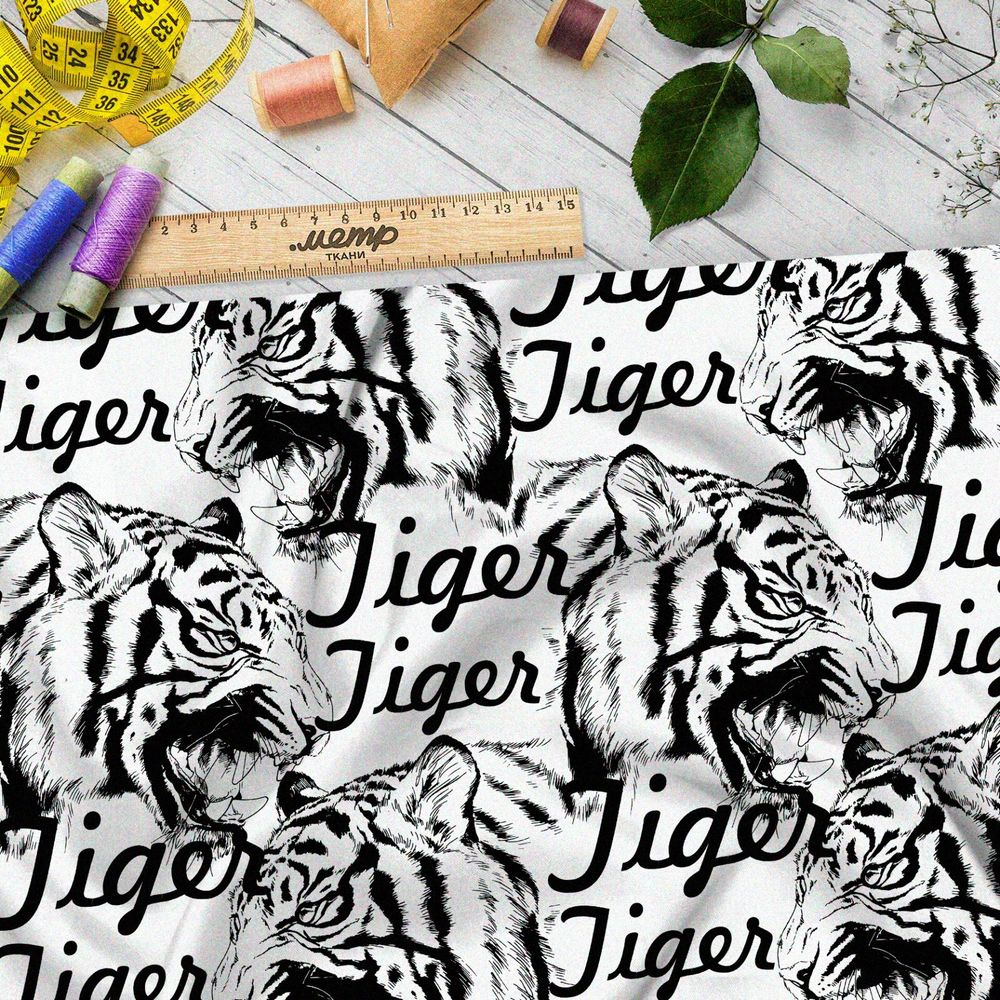 Ткань оксфорд 210 белый тигр на белом фоне с надписями