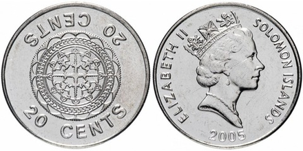Соломоновы Острова 20 центов, 1987 - 2010 Королева Елизавета II XF