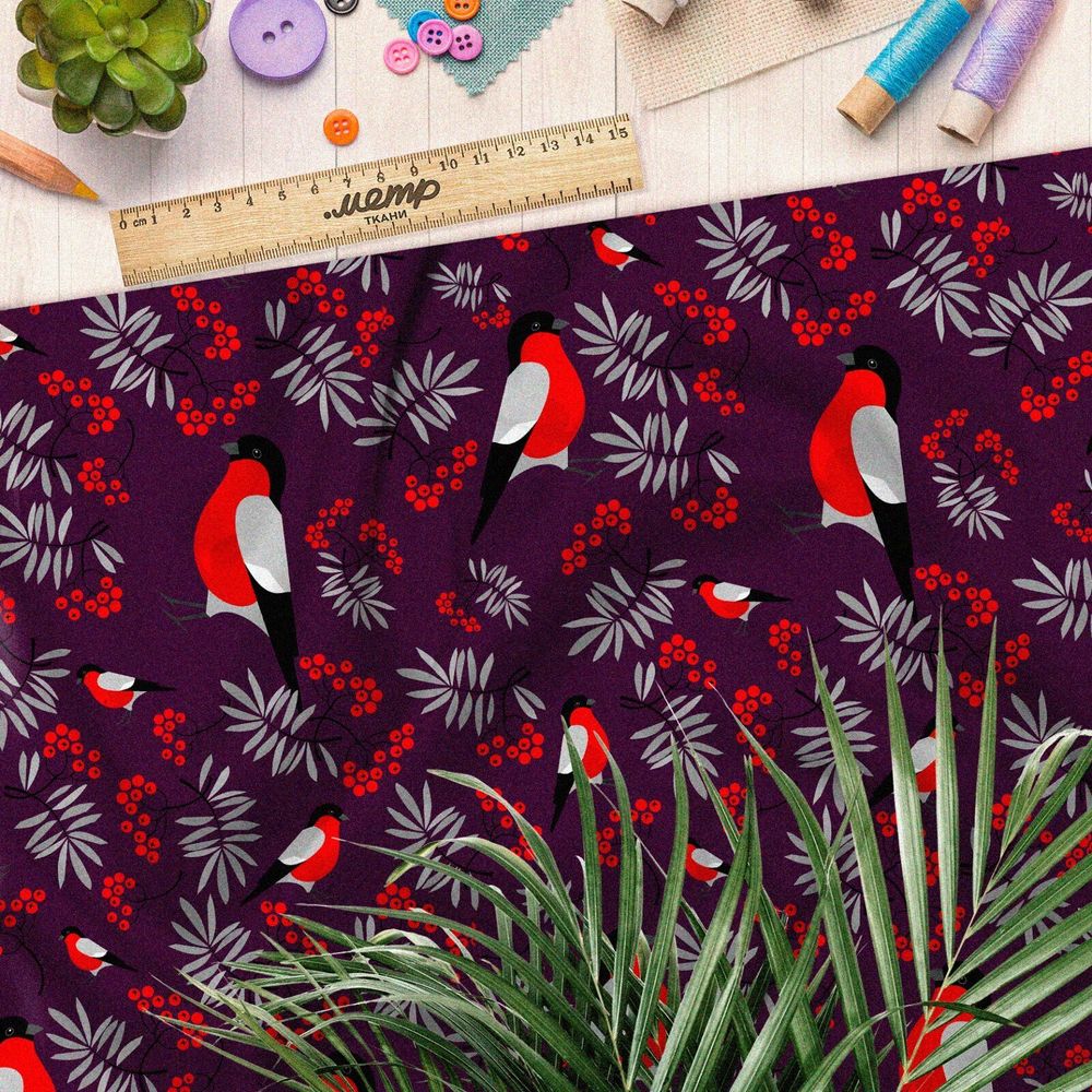 Ткань блэкаут снегири с ветками рябины