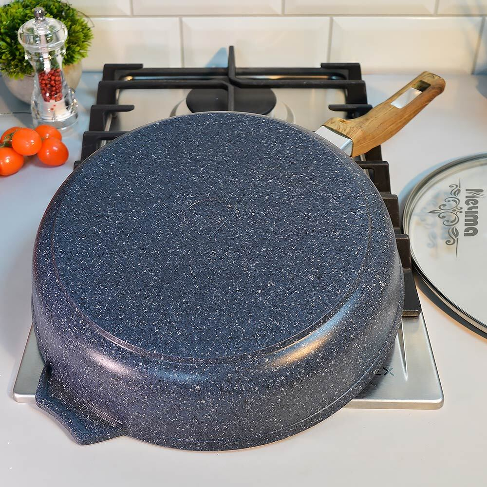 Сковорода 28см Premium blue с несъемной ручкой и стеклянной крышкой