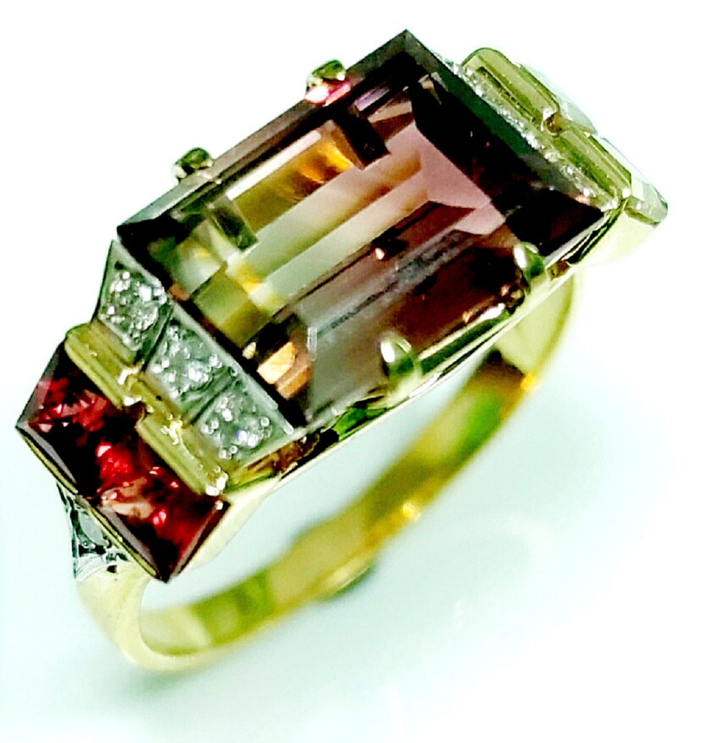 Кольцо Эстерелла золото 750, турмалин, бриллианты, сапфиры